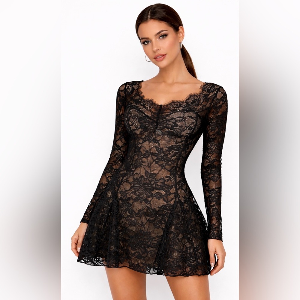 Black Lace Long Sleeve Mini Dress Sheer Floral Goth Fairy Romantic Fit‎ & Flare